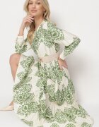 rosa Rochie Verde din Viscoză cu croi evazat cu nasturi Ilovella