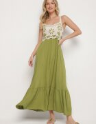 rosa Rochie Verde din Viscoză cu Model Brodat Rinavella