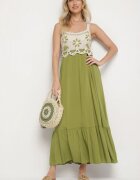 rosa Rochie Verde din Viscoză cu Model Brodat Rinavella