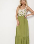 rosa Rochie Verde din Viscoză cu Model Brodat Rinavella