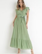 rosa Rochie Verde Evazată cu Cordon Legat Nonru