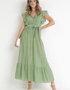 rosa Rochie Verde Evazată cu Cordon Legat Nonru