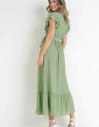 rosa Rochie Verde Evazată cu Cordon Legat Nonru