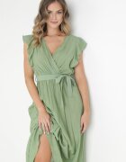 rosa Rochie Verde Evazată cu Cordon Legat Nonru