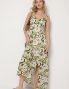 rosa Rochie Verde Evazată din Viscoză cu Model Floral Redeelle