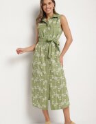 rosa Rochie Verde Fără Mâneci Croială tip Cămașă cu Cordon Decorată cu Broderie Fodarela