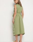 rosa Rochie Verde Fără Mâneci Croială tip Cămașă cu Cordon Decorată cu Broderie Fodarela