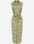 rosa Rochie Verde Fără Mâneci Croială tip Cămașă cu Cordon Decorată cu Broderie Fodarela