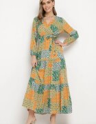 rosa Rochie Verde-Galbenă din Viscoză cu Decolteu Petrecut cu Elastic în Talie și Cordon din Material Fulina