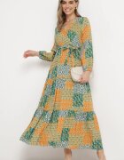 rosa Rochie Verde-Galbenă din Viscoză cu Decolteu Petrecut cu Elastic în Talie și Cordon din Material Fulina