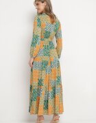 rosa Rochie Verde-Galbenă din Viscoză cu Decolteu Petrecut cu Elastic în Talie și Cordon din Material Fulina