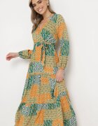 rosa Rochie Verde-Galbenă din Viscoză cu Decolteu Petrecut cu Elastic în Talie și Cordon din Material Fulina