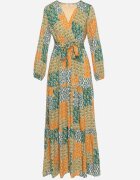rosa Rochie Verde-Galbenă din Viscoză cu Decolteu Petrecut cu Elastic în Talie și Cordon din Material Fulina