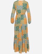 rosa Rochie Verde-Galbenă din Viscoză cu Decolteu Petrecut cu Elastic în Talie și Cordon din Material Fulina