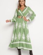 rosa Rochie Verde Imprimată din viscoză cu croi petrecut cu elastic în talie și cu cordon Tifirae