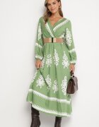 rosa Rochie Verde Imprimată din viscoză cu croi petrecut cu elastic în talie și cu cordon Tifirae