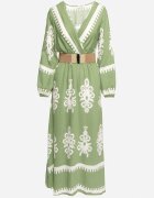 rosa Rochie Verde Imprimată din viscoză cu croi petrecut cu elastic în talie și cu cordon Tifirae
