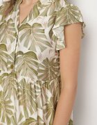 rosa Rochie verde închis din viscoză cu croială evazată cu volane cu imprimeu vegetal Amoira