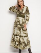 rosa Rochie Verde închisă cu croi petrecut cu imprimeu abstract cu elastic și cordon în talie Edinolla