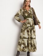 rosa Rochie Verde închisă cu croi petrecut cu imprimeu abstract cu elastic și cordon în talie Edinolla