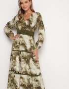 rosa Rochie Verde închisă cu croi petrecut cu imprimeu abstract cu elastic și cordon în talie Edinolla