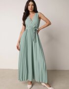 rosa Rochie Verde Plisată Maxi cu elastic în talie și cordon din material Biak