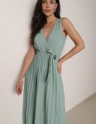 rosa Rochie Verde Plisată Maxi cu elastic în talie și cordon din material Biak