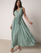 rosa Rochie Verde Plisată Maxi cu elastic în talie și cordon din material Biak