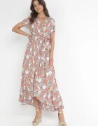 rosa Rochie Verde-Roșu Viscoză Midi cu elastic în talie și volane Amili