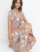 rosa Rochie Verde-Roșu Viscoză Midi cu elastic în talie și volane Amili