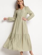 rosa Rochie Verde Tip cutie Maxi Decorată cu Cusături și Nasturi Kedora