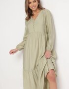 rosa Rochie Verde Tip cutie Maxi Decorată cu Cusături și Nasturi Kedora