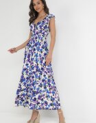rosa Rochie Viscoză Mov-Albastră Maxi cu Decolteu Petrecut și Elastic în Talie Erian