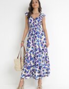 rosa Rochie Viscoză Mov-Albastră Maxi cu Decolteu Petrecut și Elastic în Talie Erian