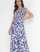 rosa Rochie Viscoză Mov-Albastră Maxi cu Decolteu Petrecut și Elastic în Talie Erian