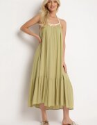 rosa Rochie Viscoză Verde cu Bretele Decorată cu Paiete și Fir Metalic Comalara