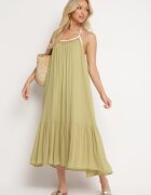 rosa Rochie Viscoză Verde cu Bretele Decorată cu Paiete și Fir Metalic Comalara