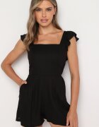 rosa Salopetă neagră din bumbac cu bretele cu volănaș și cu pantaloni scurți Liadia