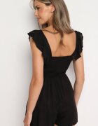 rosa Salopetă neagră din bumbac cu bretele cu volănaș și cu pantaloni scurți Liadia