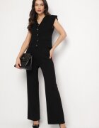 rosa Set Negru Vestă cu nasturi și Pantaloni drepți cu elastic în talie Anniola