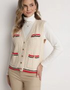 rosa Vestă Tricotată Bej cu Borduri Decorative și Textură Groasă Euferia