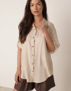 rosita Cămașă Casual din viscoză și in cu mâneci 3/4 imitație de in Bej