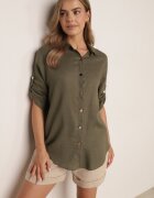 rosita Cămașă Casual din viscoză și in cu mâneci 3/4 imitație de in Verde închis