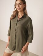 rosita Cămașă Casual din viscoză și in cu mâneci 3/4 imitație de in Verde închis