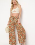 rosita Pantaloni larghi Verde-Portocalii din viscoză cu talie înaltă cu imprimeu ornamental Zlamelia