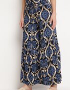 rosita Pantaloni Negru-Bleumarin Largi din Vâscoză cu Talie Înaltă cu Imprimeu Ornamental Zlamelia