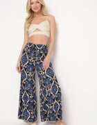 rosita Pantaloni Negru-Bleumarin Largi din Vâscoză cu Talie Înaltă cu Imprimeu Ornamental Zlamelia