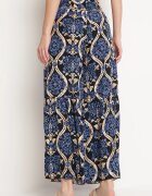 rosita Pantaloni Negru-Bleumarin Largi din Vâscoză cu Talie Înaltă cu Imprimeu Ornamental Zlamelia