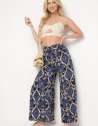 rosita Pantaloni Negru-Bleumarin Largi din Vâscoză cu Talie Înaltă cu Imprimeu Ornamental Zlamelia