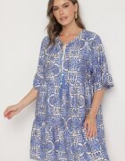 rosita Rochie Albastră din In cu croi Cloche cu Volane și Imprimeu Metalic Rinanis